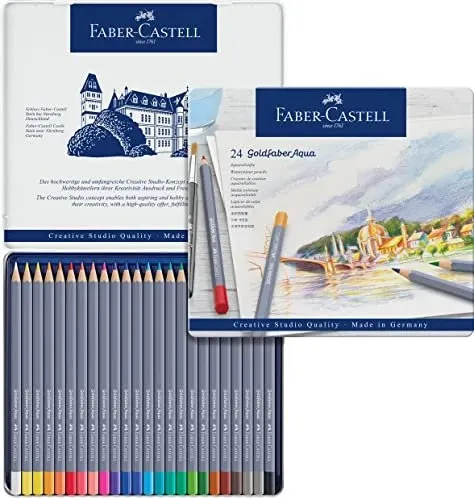 FABER-CASTELL Goldfaber Aqua Aquarellstifte 24 St. - Ergonomisches Design für komfortables Zeichnen und brillante Farben im praktischen Metall-Etui