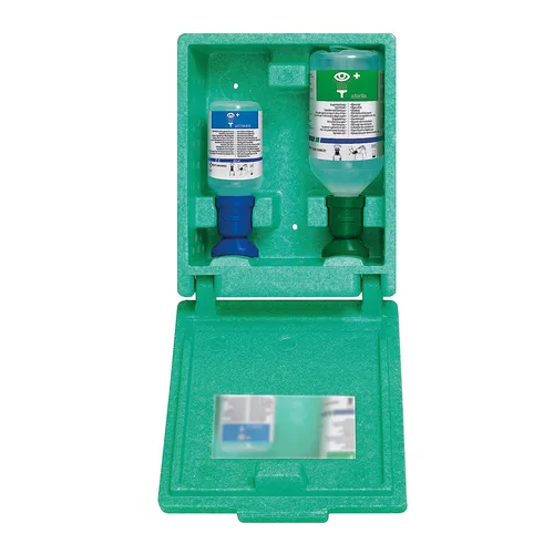 First-Aid-Only Augenspülung NaCl und pH neutral, Augenspülstation - Erste Hilfe Augenspülstation mit 500ml & 200ml Flaschen, ideal zur schnellen Neutralisierung von Verätzungen. Inkl. praktischer Wandbox und Spiegel für einfachen Zugriff.