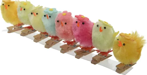 Küken aus Chenille mit Holzklammer und Blume 5cm gelb / bunt 8 Stück