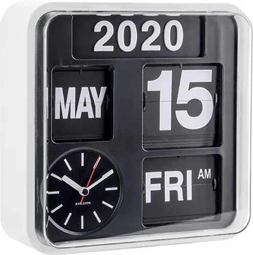 KARLSSON KA5364WH Mini-Wanduhr mit Kalender - Kleine Automatik-Wanduhr im weißen Kunststoffgehäuse mit Fallblattanzeige, ideal für Gedächtnisunterstützung bei Alzheimer. Maße: 24,5 x 24,5 x 10 cm.