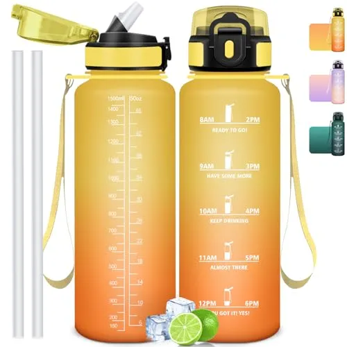 Mulbijeo Trinkflasche 1500 ml, Auslaufsicher, Wasserflasche BPA-Frei, Motivierende mit Zeitmarkierung, Trinkflasche mit Strohhalm Bernstein & Orange