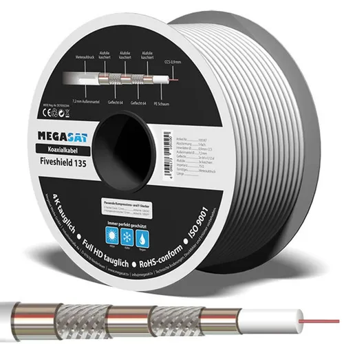 25m SAT Koaxialkabel 135 Antennenkabel 5-fach geschirmt Full HD UHD digital HDTV