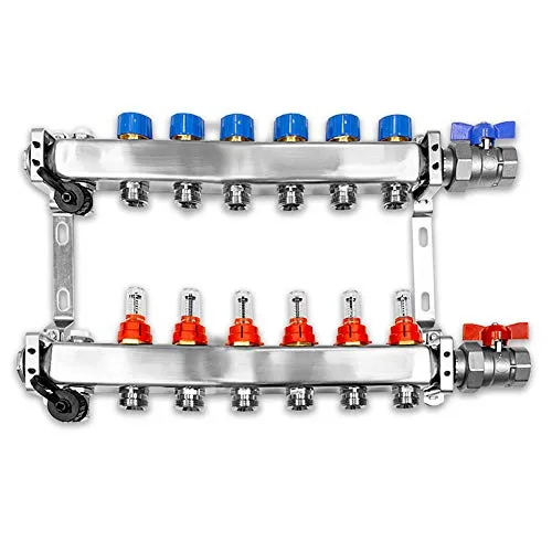 Verteiler für Fußbodenheizung, 6 Heizkreise, inkl. waagerechter Anschlussgarnitur Set
