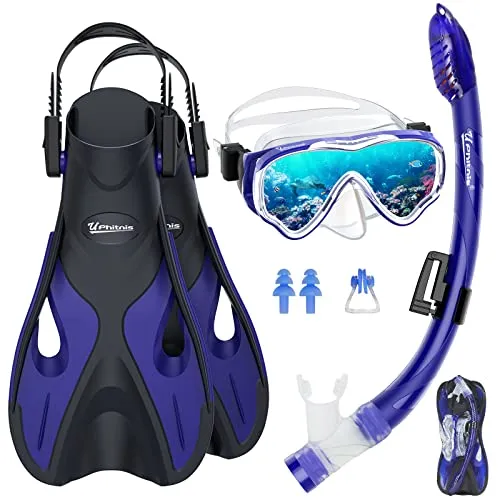 UPhitnis Schnorchelset für Kinder Mit Flossen, Anti-Fog 180° Panorama Taucherbrille, Verstellbaren Schwimmflossen und Premium Dry Schnorchel