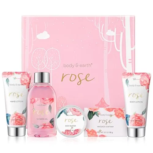 BODY & EARTH Geschenkbox für Frauen-5 tlg. Rose Geschenkset Frauen, Duschgel, Körperbutter, Handcreme, Bodylotion, Geburtstagsgeschenk, Geschenke für Freundin, Weihnachtsgeschenke
