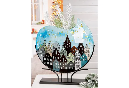 Casablanca by Gilde Dekovase Stadtlichter - Bunte Glasvase mit Hausmotiv, handgefertigt und glänzender Oberfläche, ideal für kreative Wohnakzente in jedem Raum.