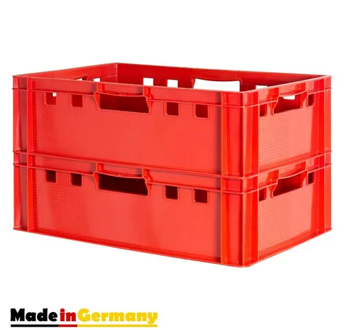 Kingpower Allzweckkiste 2x Fleischkiste E2 – Stapelbare Eurobox in Rot - Vielseitige Kisten für Metzger, Obsthändler und mehr. Robuste, stapelbare und wasserdichte Aufbewahrungslösung für Lebensmittel, ideal für einen ordentlichen und platzsparenden Einsatz.