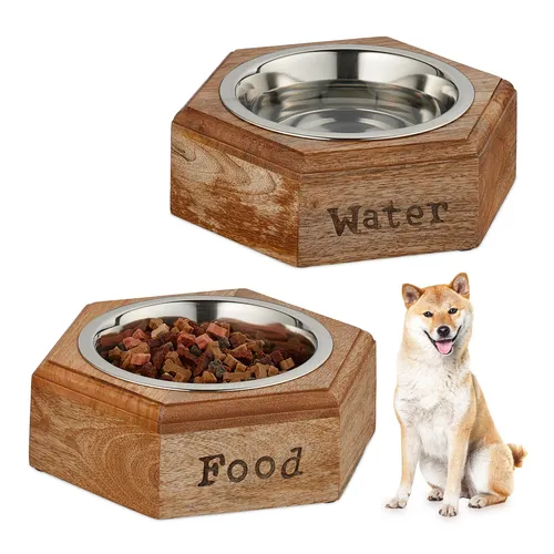 Hunde Napfset Doppelfutternapf Edelstahl Wassernapf 2er Set Fressnapfhalter Holz