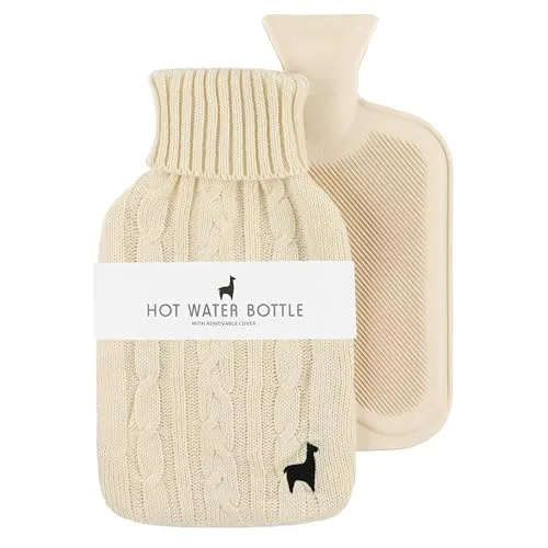 Nordstern Premium Wärmflasche mit weichem Strickbezug – Auslaufsichere Wärmeflasche zur Schmerzlinderung, Bettflasche aus Naturkautschuk für Kinder und Erwachsene - Beige
