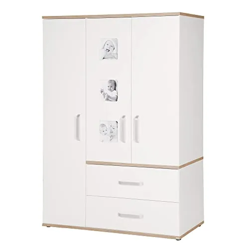 roba Kleiderschrank „Pia“, Weiss, 134,5 x 55 x 193 cm - Schränke für Baby- & Kleinkinderzimmer mit 3 Türen, Soft Close Technik und personalisierbaren Bilderrahmen – ideal für die sichere und stilvolle Aufbewahrung von Kinderkleidung.