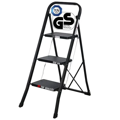 PROREGAL Trittleiter mit 3 Stufen TÜV extra breitem Anti-Rutsch-Tritt aus Leichtmetall, 5 kg leicht, klappbar Klappsicherung, bis 150 kg, schwarz, Leiter Klappleiter Haushaltsleiter Klapptritt