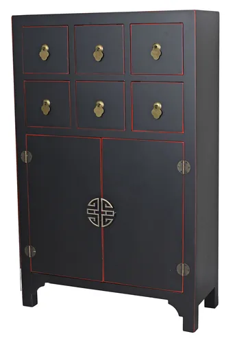 Holzschrank Asia Schrank Chinoiserie Highboard Schwarz - Kommode im asiatischen Stil, 2 Türen und 6 Schubladen bieten viel Stauraum, ideal für jedes Zimmer, mit eleganten Messinggriffen und magnetischem Verschluss.