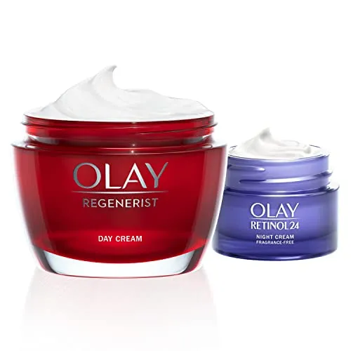 Olay Tages- und Nachtset, Regenerist Tagescreme (50 g) und Retinol 24 Anti Aging Nachtcreme (15 g), Gesichtscreme Damen, Pflege für trockene Haut (2 Stück), Valentinstag Geschenk für sie/ihn