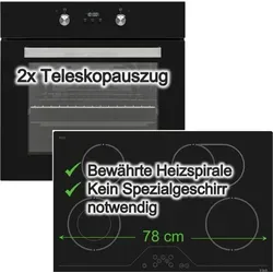 Einbaubackofen Schwarz mit Hot Air Shield und Teleskopauszug und Glaskeramikkochfeld 78 cm Zweikreis Bräterzone