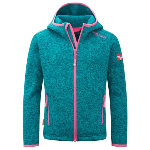 Trollkids Girls Jondalen Jacket XT 92, Dark Turquoise - Jacke für Mädchen aus warmem Strickfleece, mit zwei praktischen Reißverschlusstaschen und modischen Kontrastdetails für einen trendigen Look.