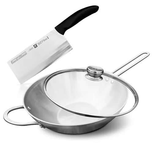 Zwilling TwinNova3 Wokpfanne Induktion 30 cm mit Glasdeckel und chinesischem Kochmesser - Vielseitiger Wok für alle Herdarten, inklusive Induktion. Der Glasdeckel ermöglicht energiesparendes Kochen. Unbeschichtet und spülmaschinenfest für einfachen Einsatz in der Küche.