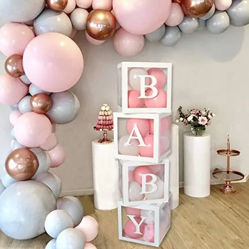 Baby Shower Boxen Deko, 4 Weiße Transparente Luftballoon Boxen mit BABY Buchstaben für Mädchen & Jungen Babyparty, Geburtstag Dekoration