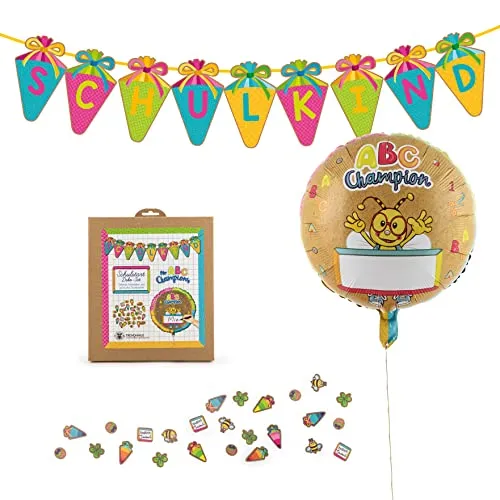 Trendhaus ABC Champions Dekoration zur Einschulung, 1x Girlande „Schulkind“, 1x Konfetti „Schulstart“, 1x Folienballon zum Schulanfang, 956514