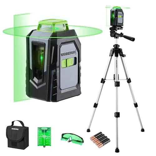 WORKPRO 360° Laserwasserwaage mit Stativ, 30 m Grüner Kreuzlinienlaser, Horizontal/Vertikal/Kreuzlinien-Modus, Auto-Nivellierung, Ideal für Baustellen, Decken-, Fliesen- und Dekorationsarbeiten