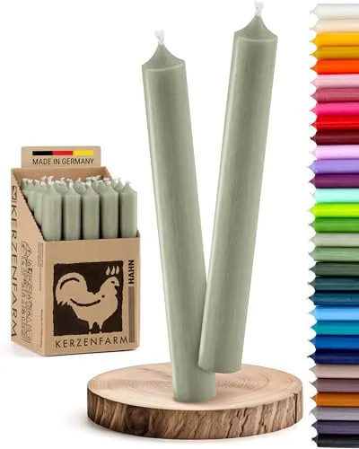 Stabkerzen Salbeigrün, Eukalyptus Grün - Premium Qualität [Made in Germany] - 10 Spitzkerzen durchgehend gefärbt - 22mm Durchmesser, 18cm Höhe - Kerzenfarm Hahn - lange Brenndauer (8+ Stunden)