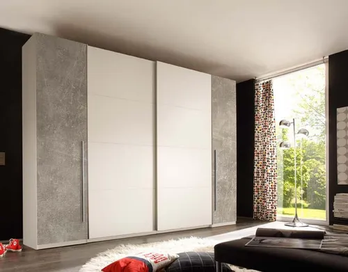 MATCH Eleganter Kleiderschrank mit Schwebetüren - Vielseitiger Stauraum in Betonoptik und Weiß - Kleiderschränke - Moderner Schwebetürenschrank mit viel Stauraum für Kleidung und Schuhe, ideal für minimalistische Schlafzimmer. Leichte Montage und hochwertige Verarbeitung aus der EU.