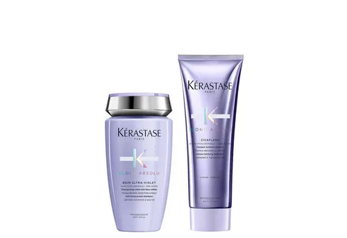 Kérastase Haarpflege-Set Blond Absolu, 2-tlg. mit Shampoo und Conditioner - Das Kérastase Blond Absolu Set umfasst das Bain Ultra-Violet Shampoo und den Cicaflash Conditioner, ideal für die Pflege von blondem Haar. Es neutralisiert Gelbstiche und sorgt für Geschmeidigkeit und Glanz.