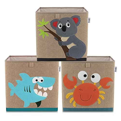 LIFENEY Aufbewahrungsbox im 3er Set Krebs, Hai und Koala I Dreierpack Spielzeugbox mit Tiermotiv passend für Würfelregale I Ordnungsbox für das Kinderzimmer I Aufbewahrungskorb Kinder