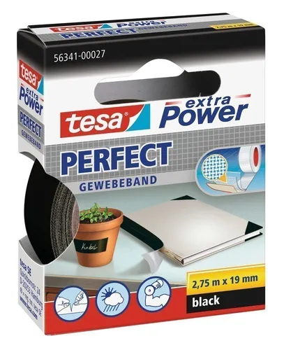 tesa Klebeband extra Power Perfect Schwarz 19 mm x 2,75 m - Gewebeband in Schwarz, witterungsbeständig und geräuscharm abrollbar. Ideal für starke Haftung und vielseitige Anwendungen.