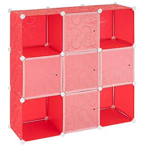 Nexos Trading Steckregal aus Kunststoff rot Ablagefächer mit Tür 108x110x37cm individualisierbares DIY Stufenregal Kastenregal stapelbar erweiterbar mit Holzhammer