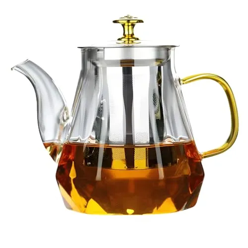 Teekanne Glas mit Siebeinsatz, Teekanne Glas, 1000ml Teekanne mit Siebeinsatz, Glasteekanne Hitzebeständige, Tee Kanne Tropffrei, für Schwarzen Tee, Grüner Tee, Duftender Früchtetee