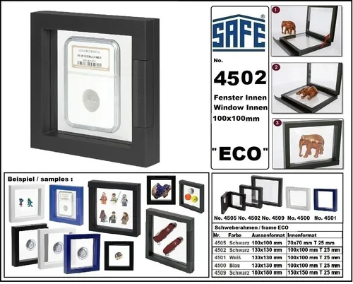 Schweberahmen US-Slabs Münzkapseln SAFE 4502 ECO Schwarz Innen 100x100mm
