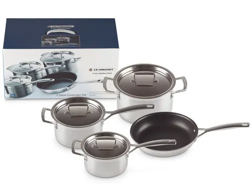 Le Creuset 4-teiliges Kochgeschirrset aus 3-ply Edelstahl - Topf- & Pfannensets für energieeffizientes Kochen mit exzellenter Wärmeverteilung und Antihaftbeschichtung für müheloses Braten. Ideal für Fleisch, Gemüse und Fisch.