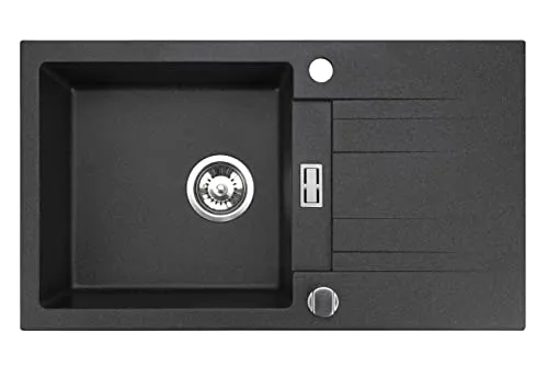 Küchenspüle Granit schwarz 76x44 - Elegante Einbauspüle mit Siphon - Robuste Granit Einbauspüle mit 1 Becken und praktischer Abtropffläche für eine stilvolle und funktionale Küche.