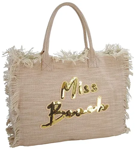 Miss Beach Strandtasche - Badetasche mit Reißverschluss - Strandtasche aus Canvas mit 29 Litern Volumen, stilvoll in Rose-Gold mit Paillettenapplikationen – perfekt für den nächsten Strandbesuch!