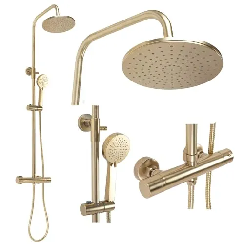 Rea Duschsäule PAROT BRUSHED GOLD - Elegantes Messing-Duschsystem für Ihr Badezimmer - Badewannen- & Duschsysteme mit 22x22 cm Kopfbrause und Thermostat für präzise Temperaturkontrolle - ideal für luxuriöse Duscherlebnisse.