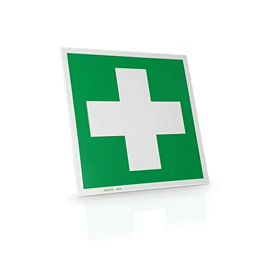 Betriebsausstattung24 Erste-Hilfe-Schild langnachleuchtend - Rettungszeichen Erste Hilfe - DIN 4844-2 D-E003 - Norm BGV A8 E03 - SR A1.3 E003 (Kunststoff langnachleuchtend, 15,0 x 15,0)