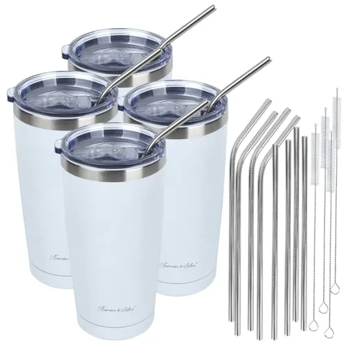 Rosenstein & Söhne Thermobecher Auto: 4er-Set doppelwandige Isolierbecher, weiß, 600 ml, Edelstahl (Vakuumisolierte Becher, Edelstahl Becher doppelwandig, Camping Geschirr)