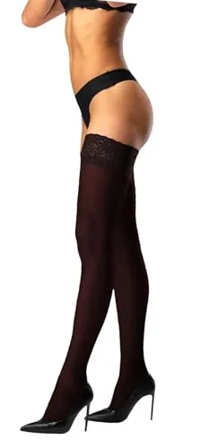 JUST BEAUTY TOUCH Blickdichte halterlose Spitze für Damen, oberschenkelhohe, Silikon-Top, 60 Denier, Strümpfe, florale Spitze (M/L, Schokolade)