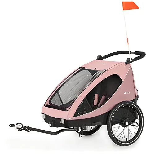Hauck Fahrradkinderanhänger 2in1 Bike Trailer und Buggy Dryk Duo, rose - Fahrradanhänger für 2 Kinder, klappbar und vielseitig nutzbar als Buggy. Ausgestattet mit Sicherheitselementen wie Fünfpunktgurt und Reflektoren für optimale Sicherheit beim Transport.