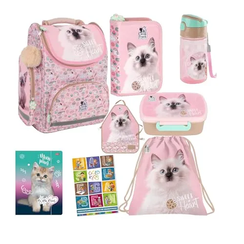 Goldkids Schulranzen Set für Jungen und Mädchen - 8-teilig mit Katze Motiv - Schultaschen-Set mit ergonomischem Rucksack, Federmäppchen, Trinkflasche und mehr – ideal für die 1-3 Klasse und sorgt für Ordnung und Gesundheit beim Tragen.