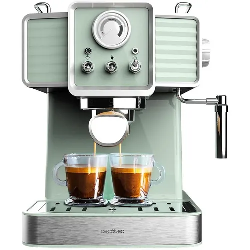 Cecotec Express-Kaffeemaschine Power Espresso 20 Tradizionale Light Green - Siebträgermaschine mit 20 Bar Druck und Thermoblock für schnellen Kaffeegenuss. Vintage-Design und 1,5 Liter Wassertank, ideal für Espresso und Cappuccino-Liebhaber.