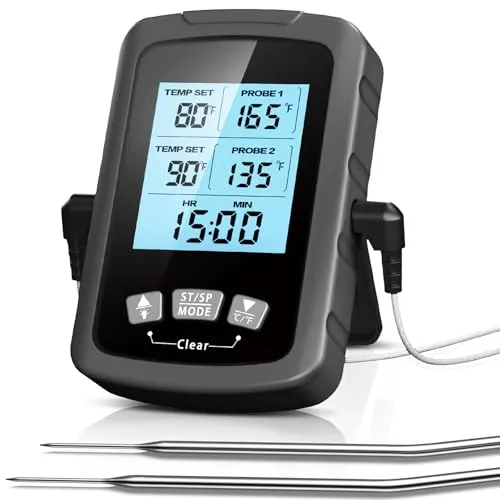 CIRYCASE Fleischthermometer Digital, Schnell & Präzise Ablesbares Ofenthermometer mit Zwei 16,3cm Edelstahlsonden, Grillthermometer mit Auto ON/OFF, Timer & LCD Bildschirm, für Kochen, BBQ, Küche