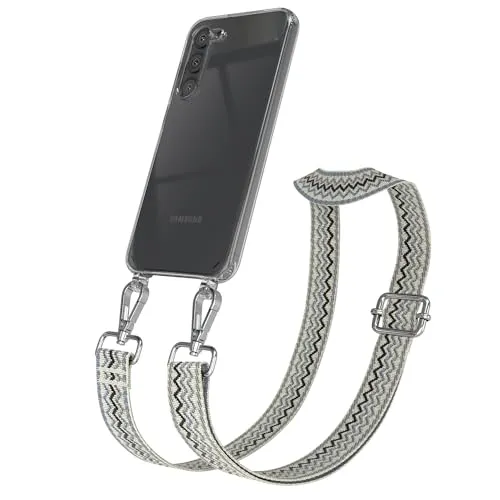 EAZY CASE Handykette - Verstellbares Taschenband kompatibel mit Galaxy S23 Plus, Schulterriemen, Handykordel mit Silikon Hülle, Umhängetasche, Wellen - Beige Blau Metall Silber