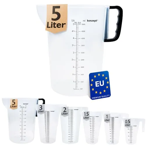 KONZEPT Messbecher 5 Liter, Verschiedene Größen zur Wahl, Ideal für Küche, Garten, Werkstatt, Transparent, Robuster Kunststoff, Litermaß