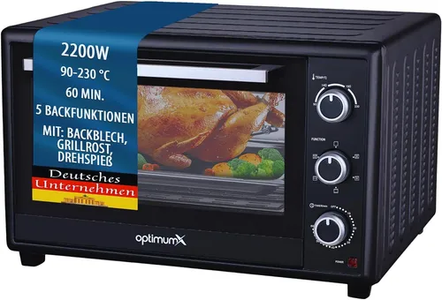 OptimumX Minibackofen 60 Liter XXL - 2200W mit Umluft und Drehspieß, vielseitig einsetzbar für knusprige Ergebnisse und 2 Jahre Garantie