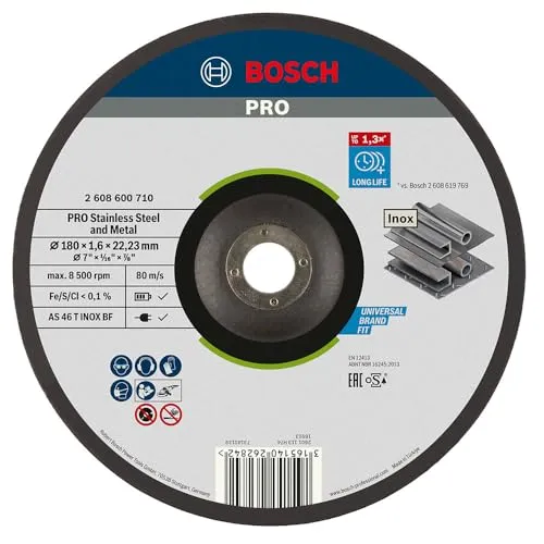 Bosch 1x PRO Stainless Steel and Metal Longlife Thin Trennscheibe für große Winkelschleifer und 22,23 mm Bohrung (für Stahl, Edelstahl, Ø 180 mm, Professional Zubehör Großer Winkelschleifer)