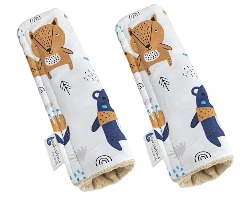 Medi Partners Gurtpolster Kinder 2 Stück Autogurt Polster Gurtschutz für Auto - 17x22cm 100% Baumwolle Minky Schulterpolster Kids Gurt Schutz Sicherheitsgurt (Boho Animals mit beige Minky)