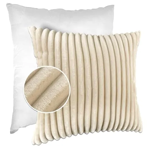 Dekokissen Kissenbezug Sofakissen Pillow Plüsch Kuschelkissen Zierkissen Cord Kissen Couchkissen Kord Kissenhülle ultraweich gestreift Lilli 40x40cm mit Füllung Creme