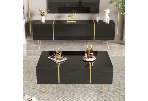 Okwish TV-Element Schwarz – Modernes Lowboard für Wohnzimmer - Elegantes TV-Element in Hochglanz Schwarz mit goldenen Akzenten. Bietet großzügigen Stauraum und Soft-Close-Scharniere für leises Schließen – ideal für stilbewusste Wohnräume.