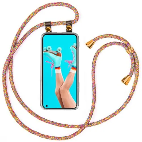 moex Handykette für Nothing Phone (1) Hülle mit Band abnehmbar, Handyhülle mit Kette zum Umhängen, Handyband 155 cm lang Stoff Kordel Umhängehülle, Handy Umhängeband, Rainbow
